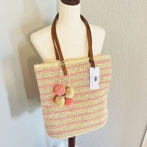 btb Los Angeles Lucy Tote, Straw Woven Pom Pom Vacation Beach‎ Bag, Natural, NWT